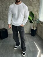 Мужской Теплый Вязаный Белый Свитер Оверсайз Рваный