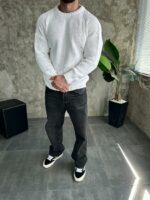 Мужской Теплый Вязаный Белый Свитер Оверсайз Рваный