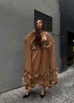 Женское Легкое Сатиновое Платье Мокко - Длинное с Рюшами и Рукавами-Крыльями