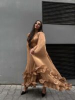 Женское Легкое Сатиновое Платье Мокко - Длинное с Рюшами и Рукавами-Крыльями