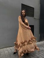 Женское Легкое Сатиновое Платье Мокко - Длинное с Рюшами и Рукавами-Крыльями