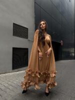 Женское Легкое Сатиновое Платье Мокко - Длинное с Рюшами и Рукавами-Крыльями