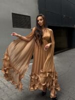 Женское Легкое Сатиновое Платье Мокко - Длинное с Рюшами и Рукавами-Крыльями