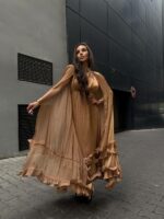 Женское Легкое Сатиновое Платье Мокко - Длинное с Рюшами и Рукавами-Крыльями