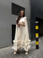 Женское Легкое Сатиновое Белое Платье - Длинное с Рюшами и Рукавами-Крыльями