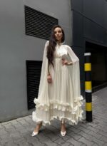 Женское Легкое Сатиновое Белое Платье - Длинное с Рюшами и Рукавами-Крыльями