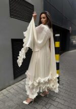 Женское Легкое Сатиновое Белое Платье - Длинное с Рюшами и Рукавами-Крыльями