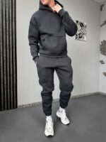 Мужской Утепленный Базовый Графитовый Спортивный Костюм Худи Штаны на Флисе