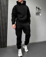 Мужской Утепленный Базовый Черный Спортивный Костюм Худи Штаны на Флисе