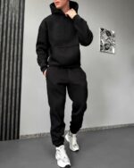 Мужской Утепленный Базовый Черный Спортивный Костюм Худи Штаны на Флисе