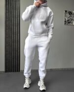 Мужской Утепленный Базовый Белый Спортивный Костюм Худи Штаны на Флисе