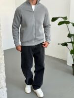 Мужская Серая Зип Кофта на Молнии под Горло - Утепленная на Флисе