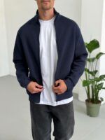 Мужская Темно-Синяя Зип Кофта на Молнии под Горло - Утепленная на Флисе