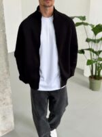 Мужская Черная Зип Кофта Свободного Кроя на Молнии с Высокой Горловиной