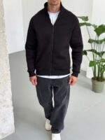 Мужская Черная Зип Кофта Свободного Кроя на Молнии с Высокой Горловиной