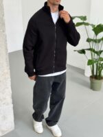 Мужская Черная Зип Кофта Свободного Кроя на Молнии с Высокой Горловиной