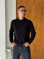 Мужской Классический Черный Свитер с Воротником Поло