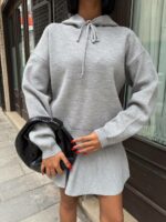 Женский Базовый Серый Костюм Комплект Двойка - Кофта с Капюшоном + Короткая Юбка