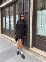 Женский Базовый Черный Костюм Комплект Двойка - Кофта с Капюшоном + Короткая Юбка