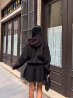 Женский Базовый Черный Костюм Комплект Двойка - Кофта с Капюшоном + Короткая Юбка