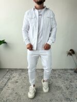 Мужской Коттоновый Белый Костюм - Рубашка с Карманами + Штаны с Манжетами