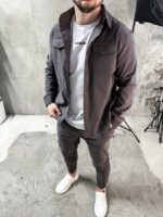 Мужской Коттоновый Графитовый Костюм - Рубашка с Карманами + Штаны с Манжетами