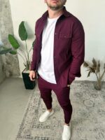 Мужской Коттоновый Бордовый Костюм - Рубашка с Карманами + Штаны с Манжетами
