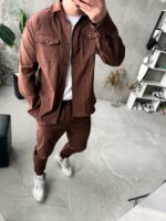 Мужской Коттоновый Коричневый Костюм - Рубашка с Карманами + Штаны с Манжетами