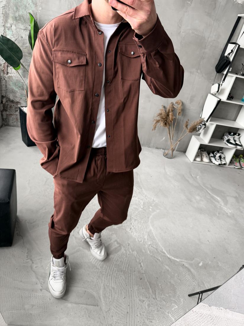 photo_2025-09-19_09-33-33 Мужской Коттоновый Коричневый Костюм - Рубашка с Карманами + Штаны с Манжетами