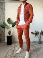 Мужской Коттоновый Оранжевый Костюм - Рубашка с Карманами + Штаны с Манжетами