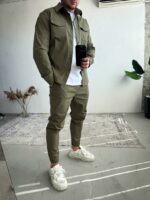 Мужской Коттоновый Костюм Хаки - Рубашка с Карманами + Штаны с Манжетами