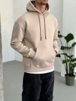 Мужское Базовое Теплое Бежевое Худи Оверсайз на Флисе