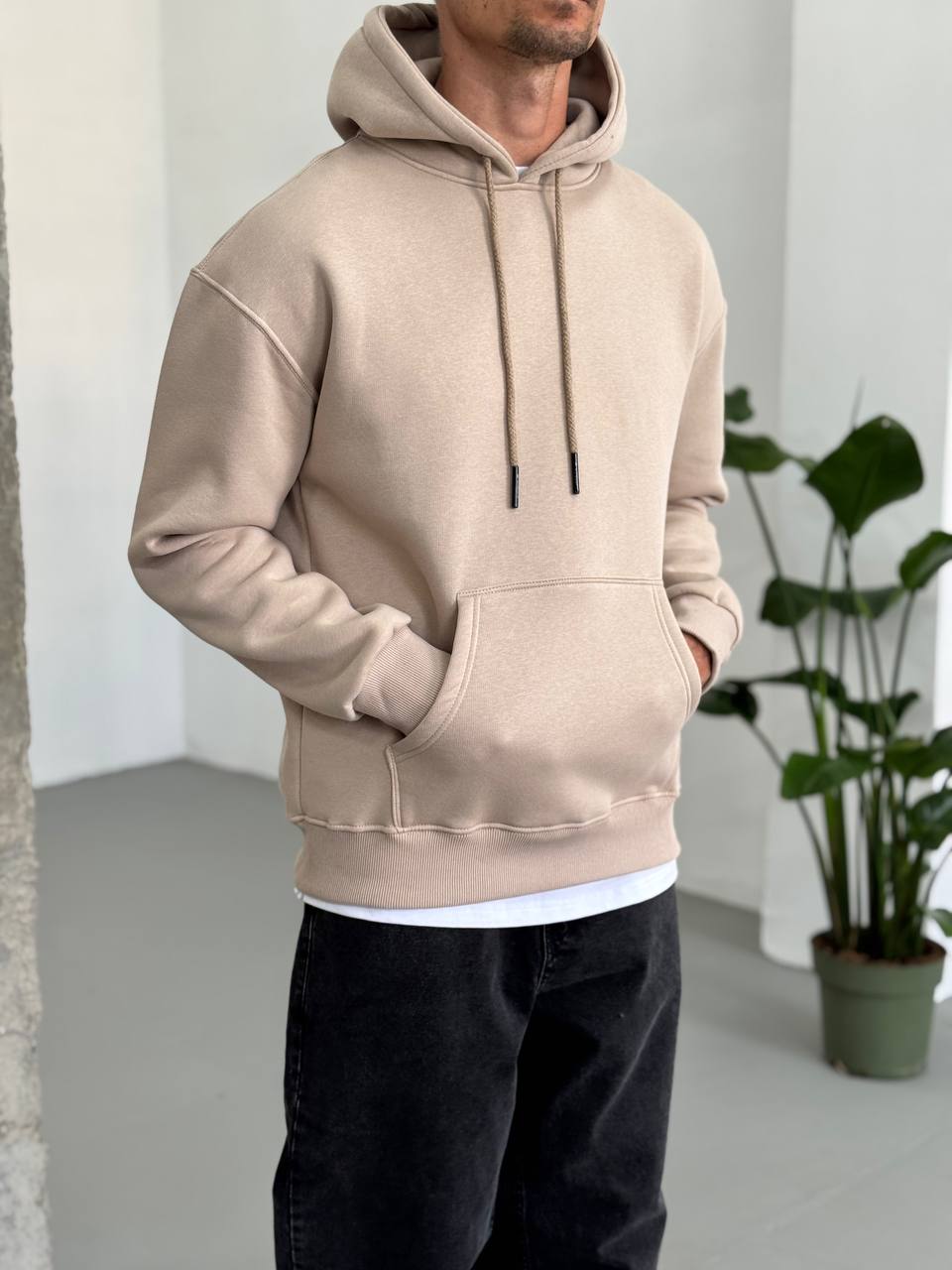 photo_2025-09-19_13-15-31 Мужское Базовое Теплое Бежевое Худи Оверсайз на Флисе