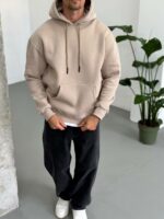 Мужское Базовое Теплое Бежевое Худи Оверсайз на Флисе