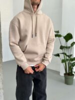 Мужское Базовое Теплое Бежевое Худи Оверсайз на Флисе
