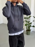 Мужское Базовое Теплое Графитовое Худи Оверсайз на Флисе