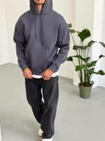 Мужское Базовое Теплое Графитовое Худи Оверсайз на Флисе