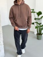 Мужское Базовое Теплое Коричневое Худи Оверсайз на Флисе