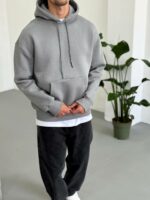 Мужское Базовое Теплое Серое Худи Оверсайз на Флисе
