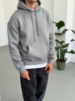 Мужское Базовое Теплое Серое Худи Оверсайз на Флисе