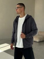 Мужское Базовое Графитовое Зип Худи Оверсайз - Хлопковая Кофта на Молнии с Капюшоном
