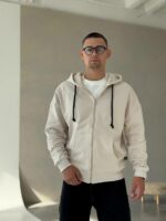 Мужское Базовое Бежевое Зип Худи Оверсайз - Хлопковая Кофта на Молнии с Капюшоном