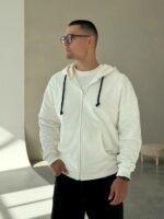 Мужское Базовое Белое Зип Худи Оверсайз - Хлопковая Кофта на Молнии с Капюшоном