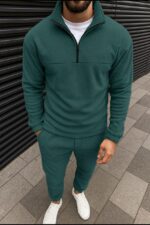 Мужской Теплый Зеленый Флисовый Костюм - Кофта с Воротником на Замке + Штаны с Манжетами