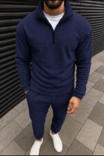 Мужской Теплый Темно-Синий Флисовый Костюм - Кофта с Воротником на Замке + Штаны с Манжетами