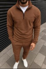 Мужской Теплый Коричневый Флисовый Костюм - Кофта с Воротником на Замке + Штаны с Манжетами