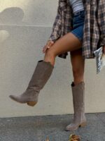 Женские Демисезонные Замшевые Высокие Сапоги Казаки Мокко