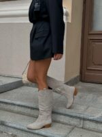 Женские Демисезонные Замшевые Высокие Бежевые Сапоги Казаки