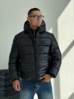 Мужская Зимняя Глянцевая Черная Куртка Стеганая с Капюшоном