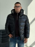 Мужская Зимняя Глянцевая Черная Куртка Стеганая с Капюшоном